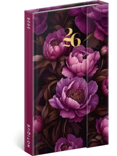   Realsystem mágnessel záródó agenda, határidőnapló, 13x21cm, heti tervező, 2026, Purple Flowers