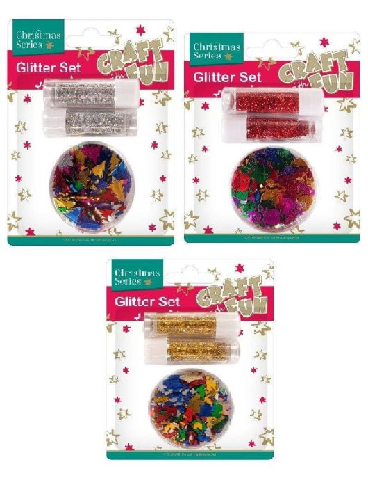 Karácsonyi dekorációs alapanyagok, 3 féle (arany, piros vagy ezüst csillámpor színes konfettikkel)
