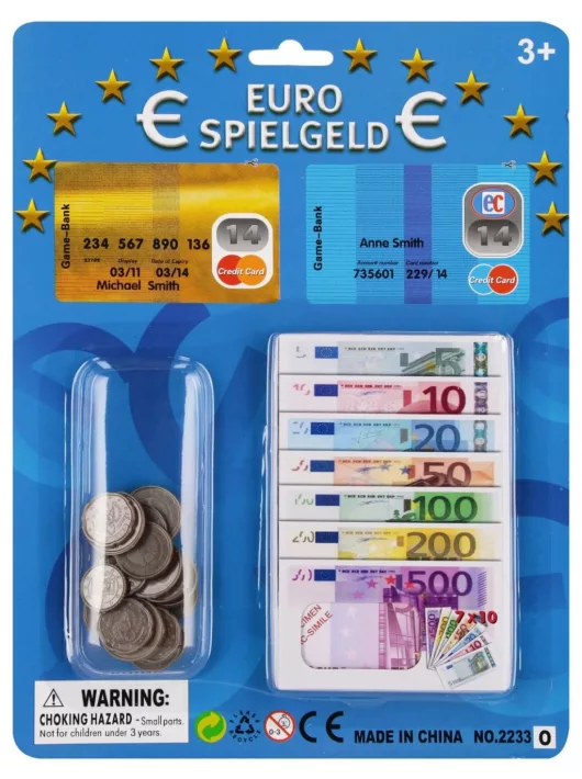 Játékpénz, EURO, apró és papírpénz, 2 db kivágható bankkártya