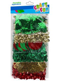   Karácsonyi konfettik, 6 féle (fenyőfa, körök, stb.), 30g, zöld-piros-arany