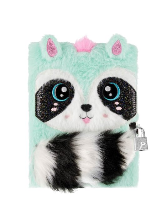 Állatos napló kulccsal, A/5, plüss borítóval, mosómedve