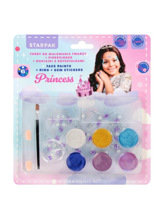 Arcfesték, tégelyes, 10 db-os (6 szín), gyűrűvel és strasszkő matricákkal, Princess