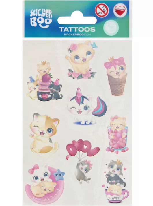 Tetoválás matrica szett, cuki cicák, 10x17,5cm, Sticker Boo