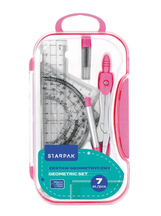 Geometria készlet, körző és vonalzó szett, 7 db-os, műanyag dobozban, Starpak, rózsaszín