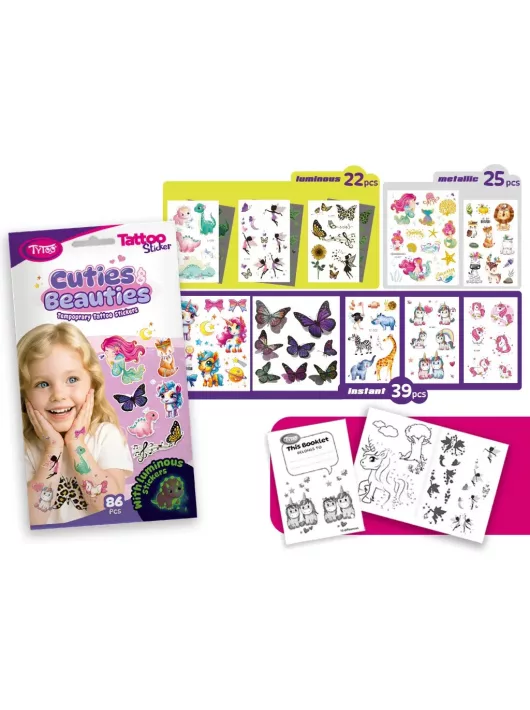 Tetoválás matrica szett, Cuties & Beauties, 10 ív összesen 86 matricával