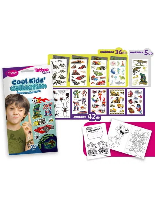 Tetoválás matrica szett, Cool Kids Collection, 10 ív összesen 83 matricával