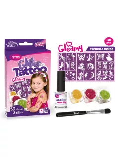   Csillámtetoválás Gleamy szett (30 sablon, 3 csillámpor, 5 ml ragasztó, ecset)