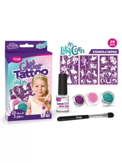   Csillámtetoválás LilyCorn szett (28 sablon, 3 csillámpor, 5 ml ragasztó, ecset)
