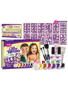   Csillámtetoválás GlitzParty szett (110 sablon, 12 csillámpor, 14 ml ragasztó, 3 ecset, strasszkő)