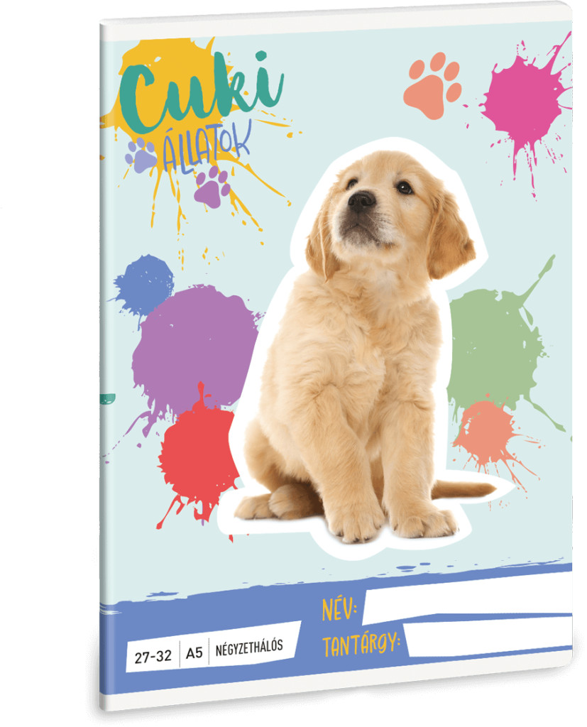 Image of Cuki állatok tűzött füzet A/5, 32 lap kockás, kutya, golden retriever, 2025