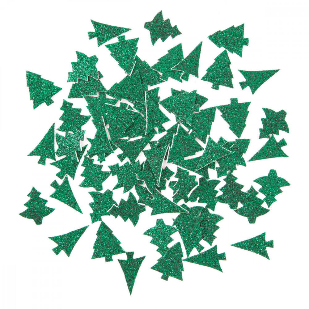 Image of Dekorgumi, öntapadós, zöld fenyőfák, csillogó, 65 db/csomag